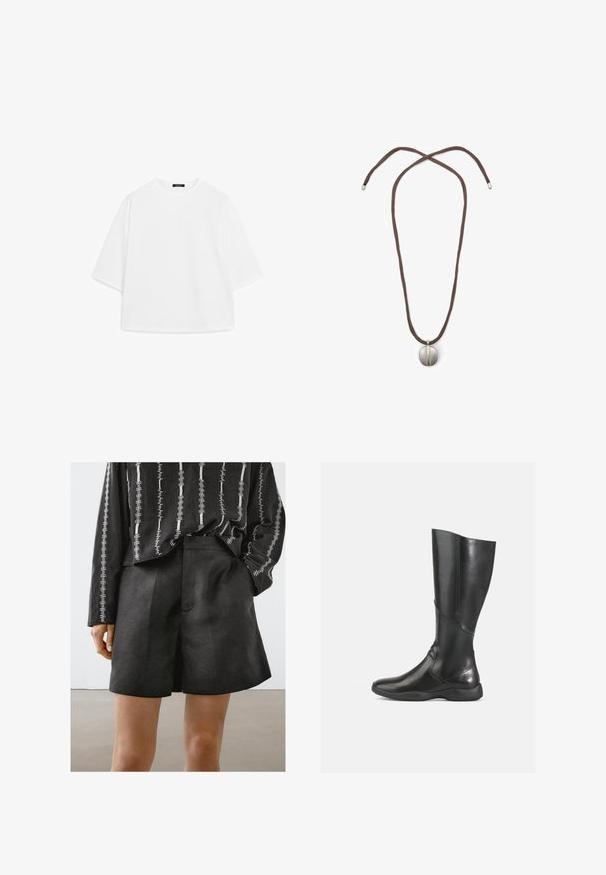 Bílé pře oversized tričko vyrobené z měkké bavlny. Má krátké rukávy, kulatý výstřih a volný střih bez viditelných vzorů nebo akcentů.; Massimo Dutti BERMUDA - Šortky - black; Černé kožené vysoké boty až ke kolenům s hladkým povrchem, zaoblenou špičkou a měkkou podrážkou. Vyznačují se moderní siluetou a minimálním prošitím.; Náhrdelník s hnědou šňůrou a stříbrným oválným přívěskem. Přívěsek má hladký povrch a mírné prohloubení ve středu.