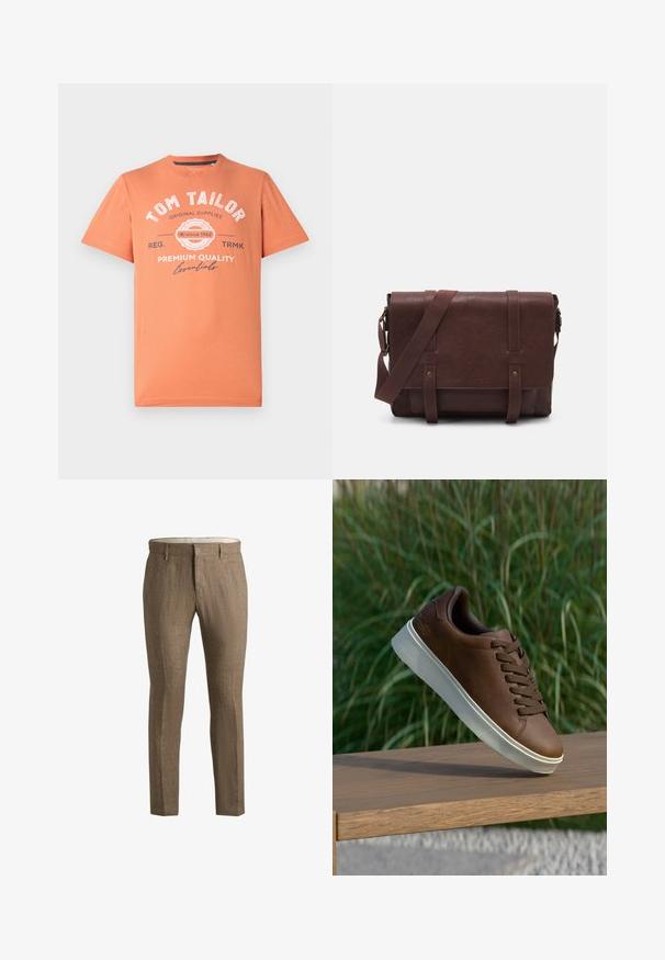 Kortsleeve T-skjorte i koralloransje med rund halslinning. Har hvite grafiske tekster og logo detaljer på forsiden. Laget av bomull.; Brune linbukser med en teksturert overflate. Har en klassisk snitt, sidelommer og en diskret frontlukking.; Brune lærersneaker med hvit gummisåle, rund tå og brune lisser. Teksturert grep på sålen og glatt overflate på overdelen.; Brun lær messenger bag med en flat frontklaff, to stropper, gullfargede detaljer og en justerbar skulderrem.