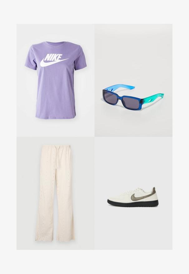 Fioletowa koszulka bawełniana z białym logo Nike na piersi. Okrągły dekolt, krótkie rękawy i standardowy krój. Gładka faktura.; Kremowe, luźne spodnie z elastycznym pasem, sznurkiem i detalami z oczkami wzdłuż materiału i u dołu. Z falbaniastymi brzegami.; Nike Sportswear - Sneakersy niskie; Niebieskie i zielone okulary przeciwsłoneczne z prostokątnymi soczewkami; przezroczyste oprawki; fakturowane niebieskie ramiona; ciemne soczewki; wyraźne logo po boku.
