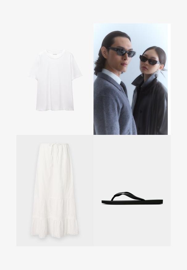 Plain white t-shirt made of cotton with a round neckline, short sleeves, and a relaxed fit. Smooth texture with no patterns or accents.; Long white cotton skirt with an elastic waistband and adjustable drawstring. Features tiered layers with delicate lace trim at the hem.; Black rubber flip-flop sandal with a textured thong strap and simple flat sole, shown from side on a plain light background.; Sunglasses with angular black frames on model with a gray sweater, showcasing textured knit and a black leather jacket worn by another model.
