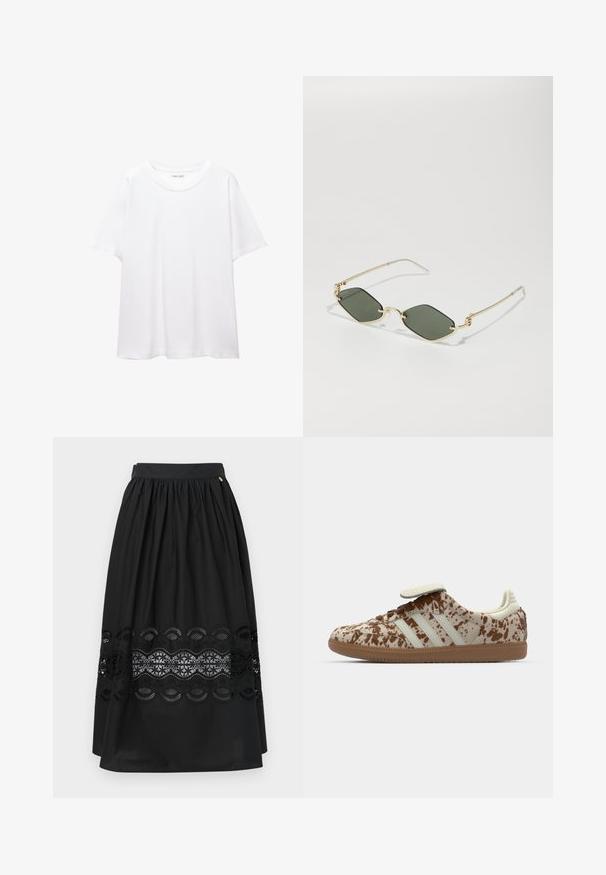 En enkel hvid t-shirt lavet af bomuld med rund halsudskæring, korte ærmer og en afslappet pasform. Glat tekstur uden mønstre eller accentuer.; Sort nederdel lavet af glat stof med en elastisk talje, der har et blondeindsats i et bølget mønster ved kanten.; Sneaker med et beige og brunt spraglet mønster, med tre hvide striber, en velcrostrop og en brun gummisål.; Gucci UNISEX - Solbriller - gold-coloured; Lys blå læder håndtaske med struktureret design, guldlåse og top-håndtag. Har aftagelig skulderrem og tekstureret overflade.