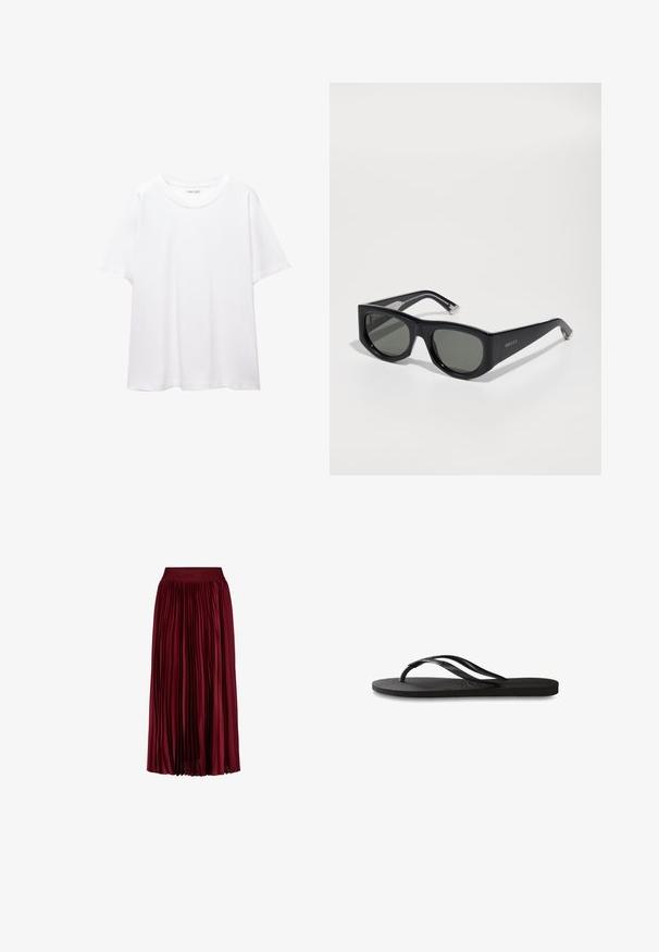Jednoduché biele tričko vyrobené z bavlny s okrúhlym výstrihom, krátkymi rukávmi a voľným strihom. Hladká textura bez vzorov alebo akcentov.; Bordová plisovaná midi sukňa s elastickým pásom, ktorá obsahuje jemne embosované meno značky.; Čierne žabky s textúrovanou gumovou podrážkou, dvoma štíhlymi popruhmi a diskrétnym embosovaným logom na popruhu.; Čierne obdĺžnikové slnečné okuliare s tmavými šošovkami. Vyrobené z plastu s hladkým povrchom. Obsahujú strieborné akcenty na spánkoch a logo značky.; Hnedá tkaná kožená taška s uzlovými uchami, ktorú nesie osoba v svetlomodrých džínsach a čiernych robustných topánkach. Hladký, textúrovaný povrch.; Casio quartz hodinky s obdĺžnikovým zlatým puzdrom, bielym ciferníkom, zlatými hodinovými značkami a hnedým koženým remienkom s krokodílim vzorom. Vodotesné.; Čierny kvetinový náhrdelník s lístkami v vrstvenom prevedení, nosený s čiernym rebrovaným tielkom s striebornými akcentmi pozdĺž výstrihu a ramien.