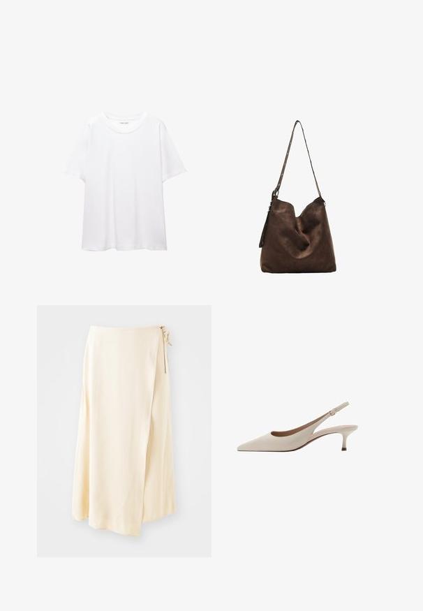 Bílá jednobarevná bavlněná trička s kulatým výstřihem, krátkým rukávem a uvolněným střihem. Hladká textura bez vzorů nebo akcentů.; Krémlová, lehká zavinovací sukně vyrobená z měkké látky, s vázáním na boku a splývavým A-liniovým střihem.; Béžové lodičky na podpatku s špičatou špičkou a nízkým rozšířeným podpatkem. Vyrobené z hladké kůže s minimalistickým designem a nastavitelným páskem.; Hnědá semišová hobo taška s zakřiveným vrškem, dlouhým popruhem s tečkovanými akcenty a měkkou texturou. Disponuje uvolněným designem pro každodenní nošení.