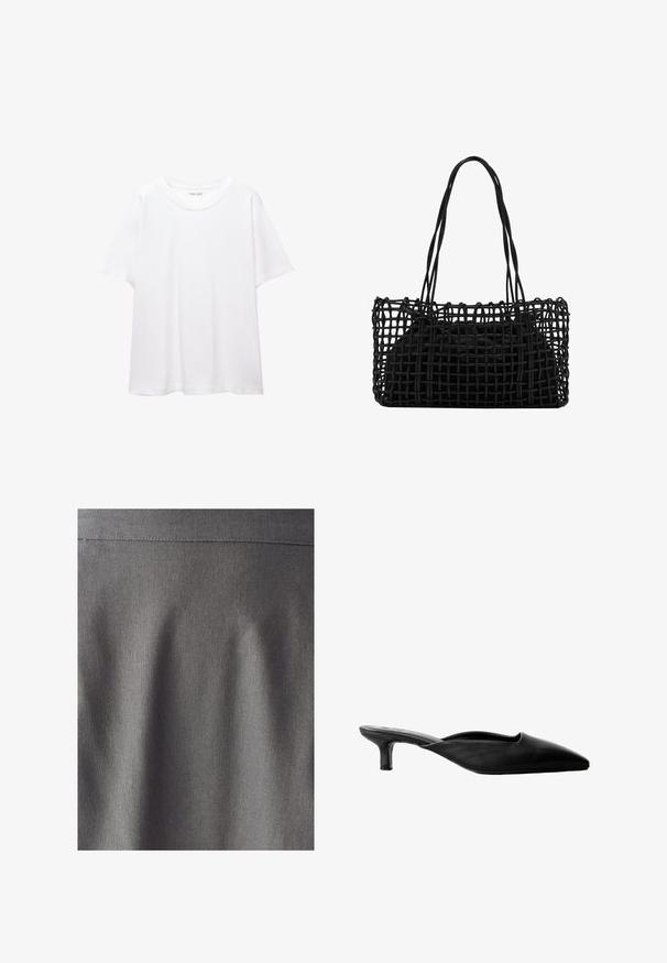 T-shirt blanc uni en coton avec un col rond, des manches courtes et une coupe décontractée. Texture lisse sans motifs ni accents.; Tissu gris avec une texture lisse et uniforme. Un éclat subtil met en valeur les lignes nettes et les plis, indiquant un design structuré. Aucun motif ou impression visible.; Mules en cuir noir à talon avec un bout pointu, un dos ouvert et un talon bas en bloc. Texture lisse avec un design minimaliste.; Sac à main noir en tissage avec un design en mailles ouvertes et deux longues poignées. Dispose d'un sac intérieur noir solide pour le rangement.