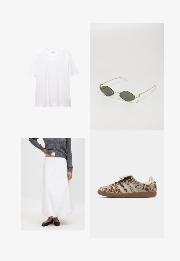 Ein schlichtes, weißes T-Shirt aus Baumwolle mit rundem Halsausschnitt, kurzen Ärmeln und lockerer Passform. Glatte Textur ohne Muster oder Akzente.; Weiße, knöchellange Rock aus glattem Stoff, kombiniert mit einer grauen Rippstrickjacke und schwarzen flachen Schuhen. Minimalistisches Design, keine sichtbaren Muster.; Sneaker mit einem beigefarbenen und braun gesprenkelten Muster, mit drei weißen Streifen, einem Klettverschluss und einer braunen Gummisohle.; Gucci UNISEX - Sonnenbrille - gold-coloured; Hellblaues Lederhandtasche mit strukturiertem Design, goldenen Beschlägen und Obergriff. Verfügt über einen abnehmbaren Schulterriemen und eine strukturierte Oberfläche.