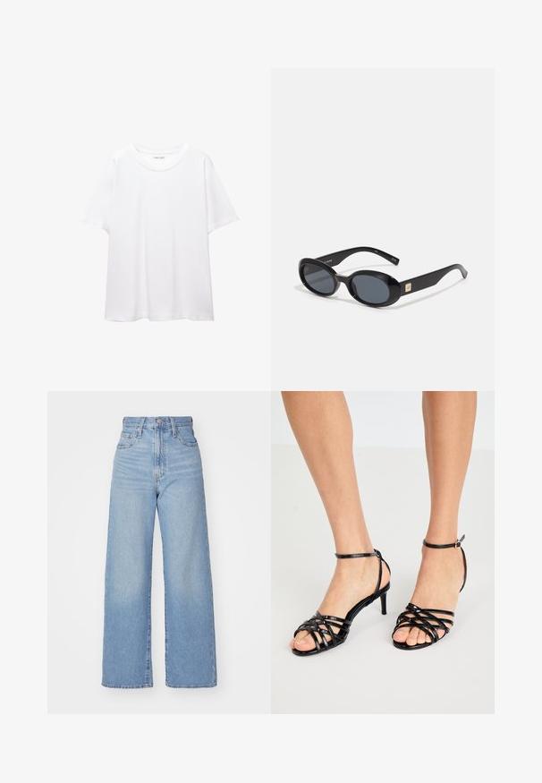 Valkoinen t-paita, joka on valmistettu puuvillasta, pyöreällä pääntiellä, lyhyillä hihoilla ja rentona istuvuutena. Suora pinta ilman kuvioita tai koristeluita.; Vaalean siniset korkeavyötäröiset löysät farkut, joissa on etuvetoketju ja nappikiinnitys, sekä edessä että takana taskut, valkoista taustaa vasten.; Mustat korkokengät nilkkahihnalla, joissa on kiiltävä pinta. Nilkkahihna soljella. Avoin kärki, jossa on ristiin menevää yksityiskohtaa.; Mustat ovaalit aurinkolasit tummilla linsseillä, kiiltävä muovikehys, leveät sivut ja pieni kultainen yksityiskohta toisella puolella.; Mustalla nahka hobo-laukku, jossa on pehmeä, kaareva muoto. Varustettu leveällä yläkahvalla ja poimuilla pohjassa, mikä antaa rennon tekstuurin.