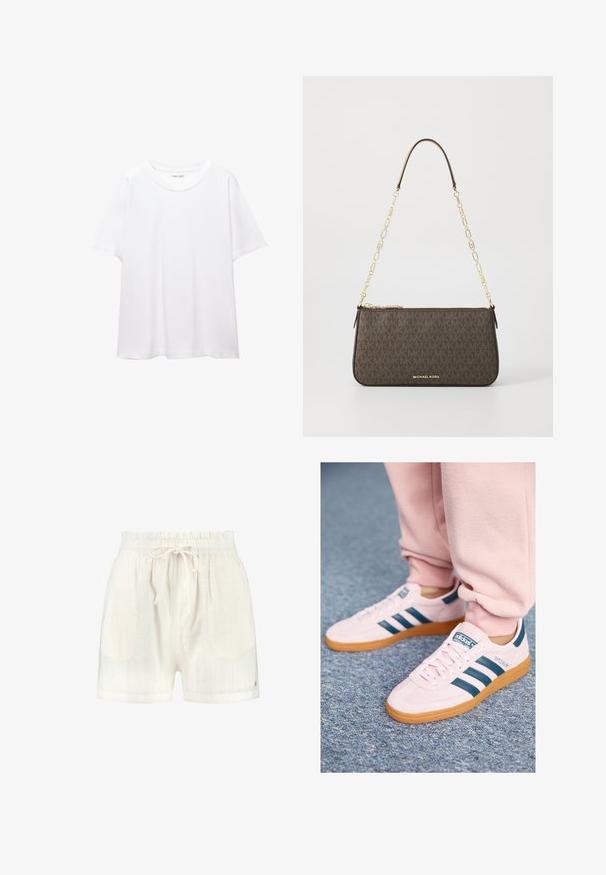 Obična bijela majica od pamuka s okruglim izrezom, kratkim rukavima i ležernim krojem. Glatka tekstura bez uzoraka ili dodataka.; Bijele šortse s teksturiranim vertikalnim prugama, s pojasom na vezanje i malim zlatnim logotipom sa strane.; Svijetlosmeđi suede tenisice s tamnoplavim kožnim prugama i gumene potplate. Karakteristike uključuju ravne vezice i brendiranje na strani i jeziku.; Smeđa kožna torba s monogramom sa zlatnim lančićem, zatvaranjem na zip i ravnim, pravokutnim oblikom. Ima logotip otisnut sprijeda.