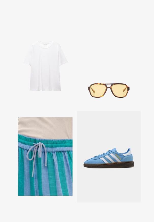 En enkel hvid t-shirt lavet af bomuld med rund halsudskæring, korte ærmer og en afslappet pasform. Glat tekstur uden mønstre eller accentuer.; Let lette blå og grøn stribet stof med elastisk talje og snøre lukning. Tekstureret finish med subtil glans.; Lyseblå ruskinds sneakers med hvide læderstribes, en brun struktureret sål og detaljer i guld. Lav-top design med rund tå.; Skildpaddemønstrede solbriller med et geometrisk design, gule linser og metal detaljer på stængerne. Bredt stel og mat overflade.; Gul plisseret håndtaske lavet af glat kunstlæder, med en blød form, en enkelt skulderrem og samlet topdesign.