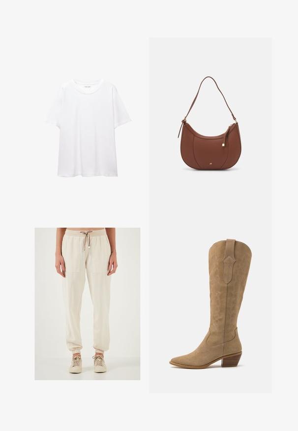 Effen wit T-shirt van katoen met een ronde hals, korte mouwen en een relaxte pasvorm. Glad textuur zonder patronen of accenten.; Licht beige joggingbroek met elastische tailleband en drawstring, voorzien van twee grote vo pockets en elastische boorden bij de enkels.; Tan suède cowboylaarzen met een spitse neus, middelhoog schacht en decoratieve stiknaden langs de zijkanten. Voorzien van een gestapelde houten hak.; Bruine faux leren schoudertas met een gebogen vorm, minimale stiksels en een gouden hardware-accent. Voorzien van een bovenste ritsluiting en een verstelbare schouderband.