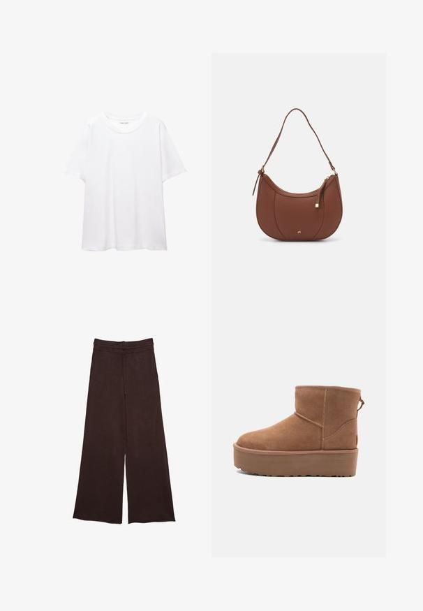 Prosta, biała koszulka wykonana z bawełny, z okrągłym dekoltem, krótkimi rękawami i luźnym krojem. Gładka faktura, bez wzorów czy akcentów.; Brązowe spodnie o szerokich nogawkach, wykonane z miękkiego materiału, z elastycznym paskiem w talii z sznurkiem oraz teksturowaną powierzchnią dla dodatkowego efektu.; Beżowe zamszowe botki za kostkę z platformą, zaokrąglonym noskiem i akcentami w postaci przeszyć; posiadają pętelkę z tyłu dla ułatwienia zakładania.; Brązowa torebka na ramię z eko-skóry o zaokrąglonym kształcie, z minimalnym przeszyciem i złotym akcentem na okuciach. Posiada zamek błyskawiczny u góry oraz regulowany pasek.