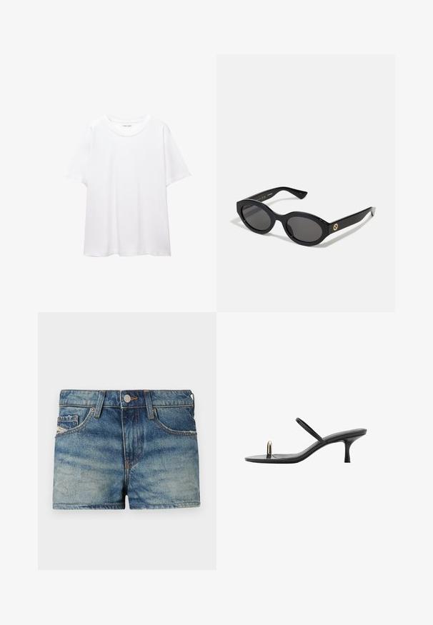 Bílá jednobarevná bavlněná trička s kulatým výstřihem, krátkým rukávem a uvolněným střihem. Hladká textura bez vzorů nebo akcentů.; Džínové kraťasy ve světle modré barvě s vybledlým efektem, pět kapsami, kontrastním prošíváním a zapínáním na přední knoflík.; Černé sandály na vysokém podpatku s elegantním designem, které mají tenké popruhy a jedinečný přední akcent. Hladký povrch s špičatou špičkou a 7,5 cm podpatkem.; Černé oválné sluneční brýle s tmavými skly a lesklým plastovým rámem. Obsahují zlaté logo na straně, které poskytuje elegantní a moderní design.; Černá tkaná taška přes rameno s dvojitými uchy a odnímatelným ramenním popruhem. Má otevřený vršek a texturovaný, lehký materiál.