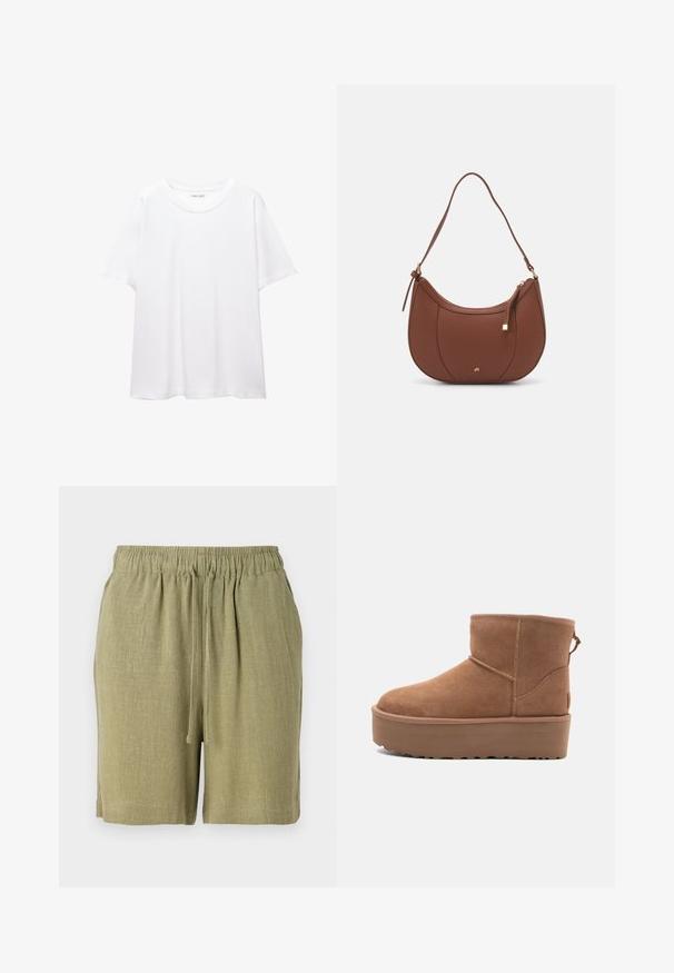 Bílá jednobarevná bavlněná trička s kulatým výstřihem, krátkým rukávem a uvolněným střihem. Hladká textura bez vzorů nebo akcentů.; Olivově zelené šortky vyrobené z texturované, prodyšné tkaniny. Mají elastický pas a šňůrku pro nastavení velikosti.; Hnědé semišové kotníkové boty s platformou, zaoblenou špičkou a prošíváním; mají poutko vzadu pro snadné obouvání.; Hnědá kabelka přes rameno z umělé kůže s zakřiveným tvarem, minimálním prošíváním a zlatým kovovým akcentem. Disponuje vrchním zipovým uzavíráním a nastavitelným popruhem.