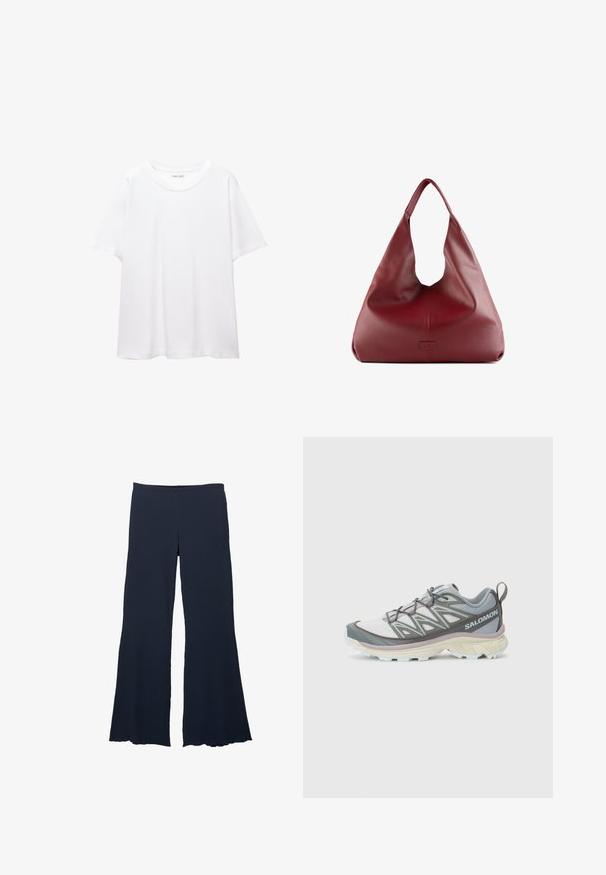 Effen wit T-shirt van katoen met een ronde hals, korte mouwen en een relaxte pasvorm. Glad textuur zonder patronen of accenten.; Marineblauwe wijde broek van textuurstof met een hoge tailleband en een uitlopende zoom, met een soepele, vloeiende silhoeet.; Lichte, multi-material hardloopschoen met een grijs en witte bovenkant, textuurmesh, gevoerde zool en opvallende vetersluiting.; Rode leren hobo tas met een brede, slungelige vorm en een grote opening, met een subtiele textuur en een op de voorkant geperst logo.