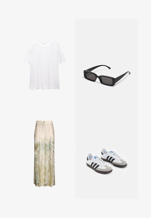T-shirt bianco semplice realizzato in cotone, con scollatura rotonda, maniche corte e vestibilità morbida. Texture liscia senza motivi o accenti.; Pantaloni a gamba larga in tessuto beige chiaro con una stampa di piante tropicali in tonalità verde e blu tenue, con chiusura a bottone in vita.; Scarpe sportive con tomaia in pelle bianca, punta in suede grigia e tre strisce nere. Presentano un logo blu sulla linguetta e una suola in gomma testurizzata.; Occhiali da sole neri rettangolari con lenti scure, finitura lucida, aste larghe e design della montatura spessa. Nome del marchio inciso su un'asta.