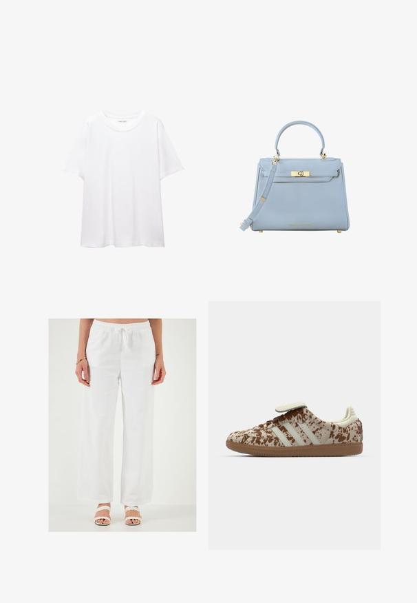 En enkel hvid t-shirt lavet af bomuld med rund halsudskæring, korte ærmer og en afslappet pasform. Glat tekstur uden mønstre eller accentuer.; Hvide, løstsiddende linnedbukser med elastisk talje og snor. Glat tekstur, bred ben-design og ingen synlige mønstre.; Sneaker med et beige og brunt spraglet mønster, med tre hvide striber, en velcrostrop og en brun gummisål.; Lys blå læder håndtaske med struktureret design, guldlåse og top-håndtag. Har aftagelig skulderrem og tekstureret overflade.
