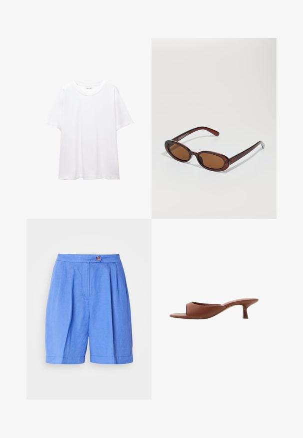 T-shirt bianco semplice realizzato in cotone, con scollatura rotonda, maniche corte e vestibilità morbida. Texture liscia senza motivi o accenti.; Pantaloni corto in lino blu con pence, chiusura a bottoni e taglio dritto. Presentano una texture liscia e un orlo che cade sopra il ginocchio.; Mule con tacco aperto di colore marrone, con una finitura liscia e opaca, caratterizzate da un design curvo e un tacco trasparente e affusolato.; Occhiali da sole rotondi con tonalità marrone, montatura lucida color bordeaux. Aste sottili con un sottile dettaglio del marchio. Design delle lenti piatte.; Borsa a tracolla in paglia intrecciata con dettagli in pelle marrone, due manici e una tracolla removibile. Forma curva con una base solida.