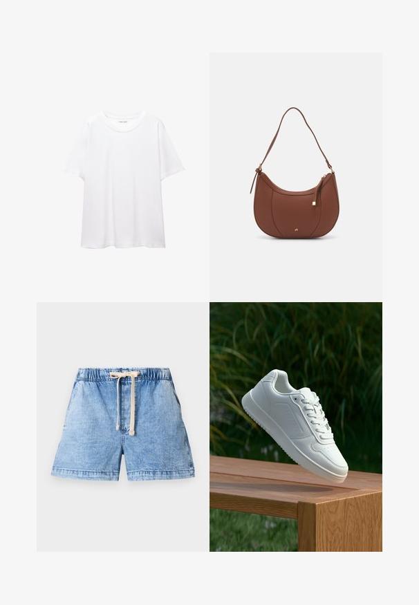 Bílá jednobarevná bavlněná trička s kulatým výstřihem, krátkým rukávem a uvolněným střihem. Hladká textura bez vzorů nebo akcentů.; Světle modré denimové šortky s elastickým pasem a šňůrkou na stažení. Mají dvě boční kapsy a rovný lem.; Bílé tenisky s hladkým syntetickým svrškem, perforovanou špičkou, plochými tkaničkami a texturovanou podrážkou, vystavené na dřevěném povrchu.; Hnědá kabelka přes rameno z umělé kůže s zakřiveným tvarem, minimálním prošíváním a zlatým kovovým akcentem. Disponuje vrchním zipovým uzavíráním a nastavitelným popruhem.