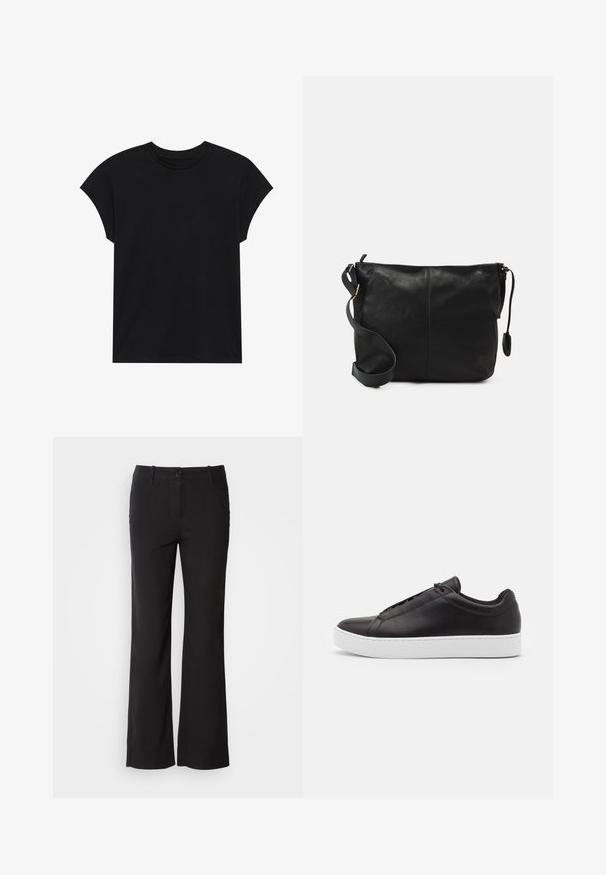 Fekete pamut póló kerek nyakkal, rövid ujjakkal és laza szabással. Simább textúra, látható minták vagy díszítések nélkül.; Fekete pamut keverék nadrág egyenes szárú dizájnnal, elülső gombos záródással és két oldalsó zsebbel. Simára kialakított textúra, nincs látható minta.; Fekete bőr sportcipők sima felülettel, alacsony fazonnal és vastag fehér gumitalppal. Finom varrási részletek az oldalon.; Fekete bőr keresztpántos táska lapos formával, arany fémrészekkel és állítható pánttal. Simább textúra minimális varrási részletekkel.