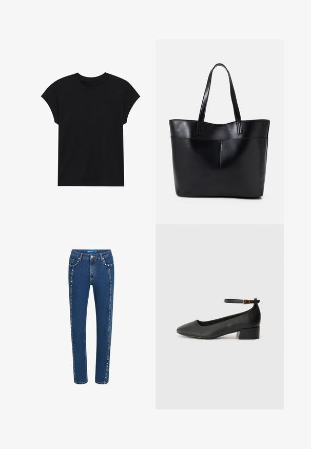 T-shirt de algodão preto com decote redondo, mangas curtas e um corte descontraído. Textura suave e sem padrões ou adornos visíveis.; Jeans de ganga em azul escuro com corte reto, apresentando costuras contrastantes e tachas decorativas ao longo das costuras laterais e dos bolsos frontais.; Sandal de pele preta com bico pontiagudo e um salto bloco baixo. Apresenta uma tira no tornozelo com uma fivela em tom dourado. Textura suave.; Bolsa tote preta em couro com duas alças longas, textura suave e forma estruturada. Apresenta um bolso frontal para armazenamento adicional.