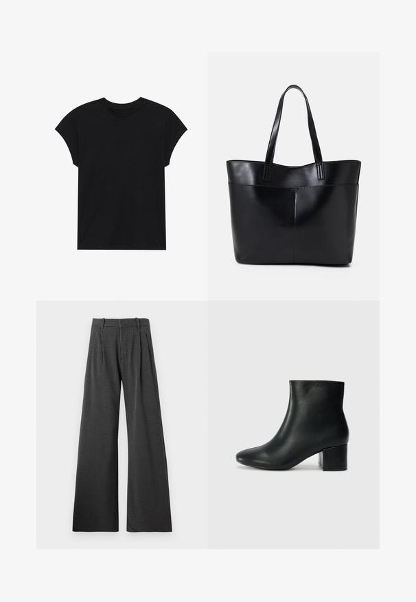 Crna pamučna majica s okruglim izrezom, kratkim rukavima i opuštenim krojem. Glatka tekstura bez vidljivih uzoraka ili ukrasa.; Pantalone širokog kroja u crno-bijelom houndstooth uzorku s prednjim nabora. Izrađeni su od teksturirane tkanine, s krojenim pojasom i džepovima.; Crne kožne čizme do članaka s uskim vrhom i debelim potplatom. Glatka tekstura s minimalnim detaljima i elegantan, prilagođen dizajn.; Crna kožna torba s dugim ručkama, glatkom teksturom i strukturiranim oblikom. Ima prednju džep za dodatno pohranu.