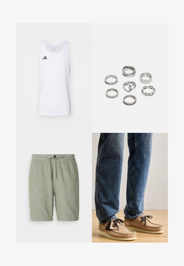 Camiseta deportiva sin mangas blanca hecha de tejido ligero, con el logo negro de Adidas en el lado izquierdo del pecho y un escote en forma de scoop.; Pantalones cortos de color verde claro hechos de una tela texturizada, con una cintura elástica, cordón y un detalle de cierre con un solo botón.; Mocasines de gamuza en color marrón claro con acentos en marrón oscuro, puntera redondeada y suela blanca suave. Presenta un diseño con cordones y detalles de costura.; Conjunto de siete anillos de plata con diversos diseños, incluidos patrones retorcidos, enlazados y grabados. Diferentes formas y anchos.