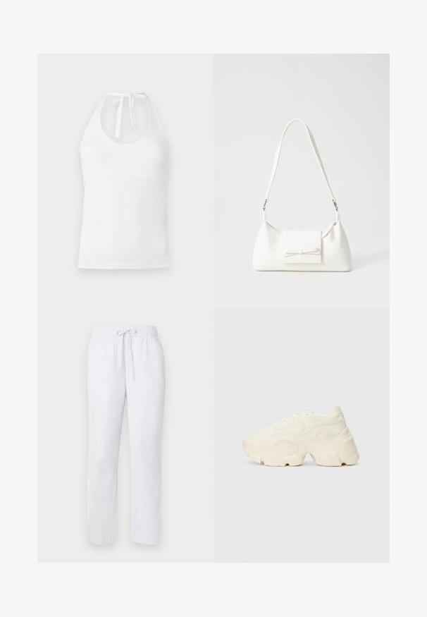 Fehér, sima anyagból készült pántos felső, lekerekített nyakkivágással, állítható megkötő pántokkal és karcsú szabással.; Világoskék pizsamanadrág, texturált mintával, elastikus derékpánttal és zsinórral. Egyenes lábdezájn, könnyű anyag.; Tömbös fehér sneakers, amely texturált hálóból és szintetikus anyagokból készült, vastag talppal és bonyolult mintázattal az oldalakon.; Fehér szintetikus kézitáska, háromszög alakú, lapos előlap, masni részlettel, állítható pánttal, sima textúrával és minimalista dizájnnal.