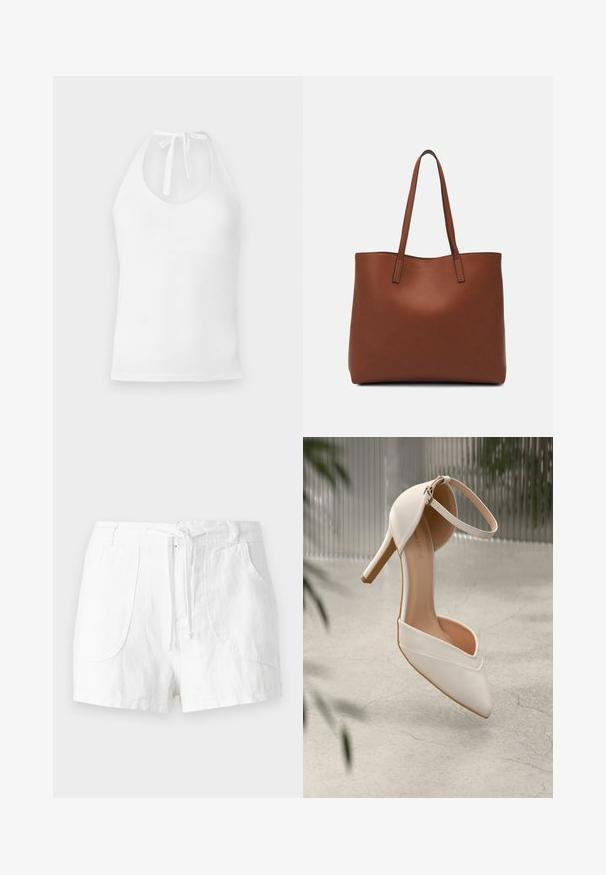 Fehér, sima anyagból készült pántos felső, lekerekített nyakkivágással, állítható megkötő pántokkal és karcsú szabással.; Fehér len nadrág röviddel, húzózsinórral a derék részen, két elülső zsebbel és sima textúrával. Egyszerű, díszítés nélküli kialakítás.; Fehér magassarkú cipő sima anyagból, hegyes orral és bokapánttal. Világos bézs belső és aranyszínű hardver díszítés jellemzi.; Barna bőr vászontáska sima textúrával, nyitott tetejű dizájnnal és két vállpánttal. Minimális varrással és látható hardver nélkül készült.