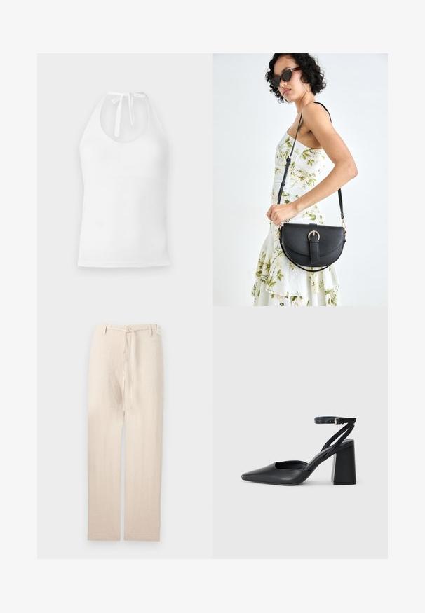 Vit halterneck topp av mjukt tyg, med rundad halsringning, justerbara knytband och en figursydd silhuett.; Beige linnebyxor med rak ben design, som har en knäppning och ett tygband i midjan, vilket ger ett lätt och texturerat utseende.; Svart läderpumps med spetsig tå, ankelrem och kraftig klack. Slät textur, stilren design och minimalistisk estetik.; Svart läderhandväska med en böjd form, avtagbar rem och guldiga detaljer. Väskan har ett lock med en spänndetalj.