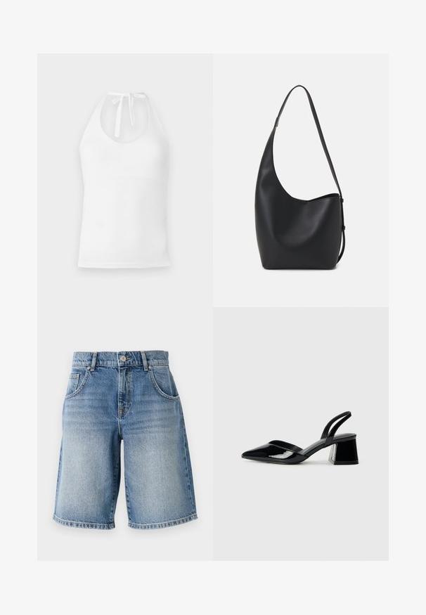 Valkoinen muuttopaita, joka on valmistettu sileästä kankaasta. Siinä on pyöreä kaula-aukko, säädettävät solmiot ja vartalonmyötäinen siluetti.; Vaaleansiniset farkkushortsit suoran leikkauksen, viiden taskun ja pronssiset yksityiskohdat kanssa. Ominaisuuksiin kuuluu rispaantunut helma ja haalistunut pesu.; Mustat patentoitu nahkakengät, joissa on säären takaosa ja terävä kärki, sekä geometrinen palikkakorko. Sisältää tyylikkään, minimalistisen muotoilun ja sileän pinnan.; Musta nahkainen hobo-laukku, jossa on sileä pinta, kaareva muoto ja yksi säädettävä olkahihna; sisäänkäynti on leveä ylhäältä.