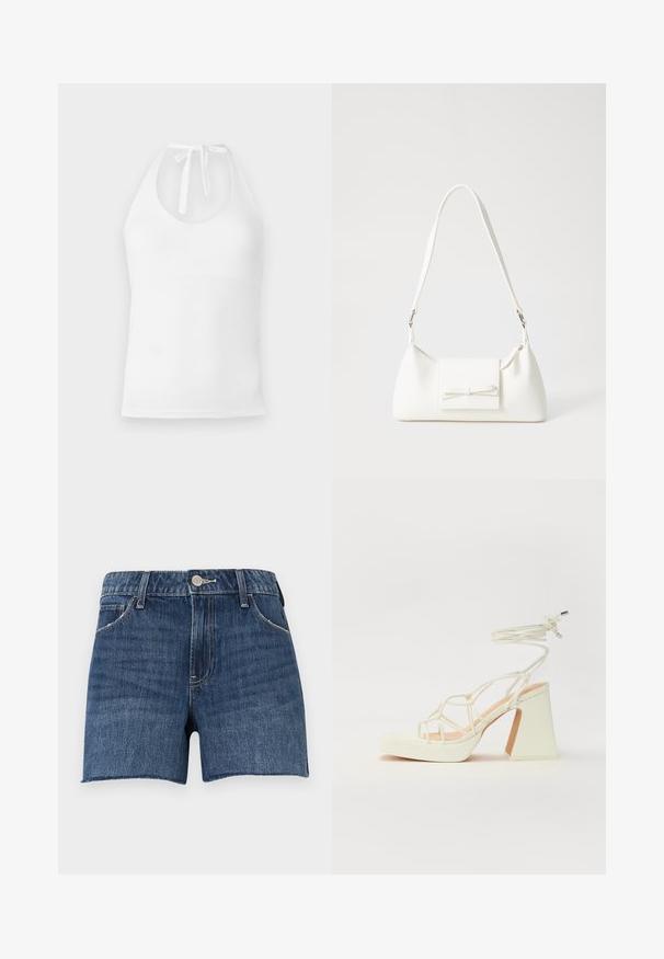 Vit halterneck topp av mjukt tyg, med rundad halsringning, justerbara knytband och en figursydd silhuett.; Jeansshorts i mörkblått med rå nederkant. Har en femficksdesign och knäppning med metallknapp framtill. Sömnadsdetaljer genomgående.; Vit högklackad sandal med en kraftig klack, med ett remdesign och ankelband. Slät textur med en plattform framtill för ökad höjd.; Vit syntetisk handväska med triangulär form, platt framklaff och rosettdetalj, justerbar rem, slät textur och minimalistisk design.