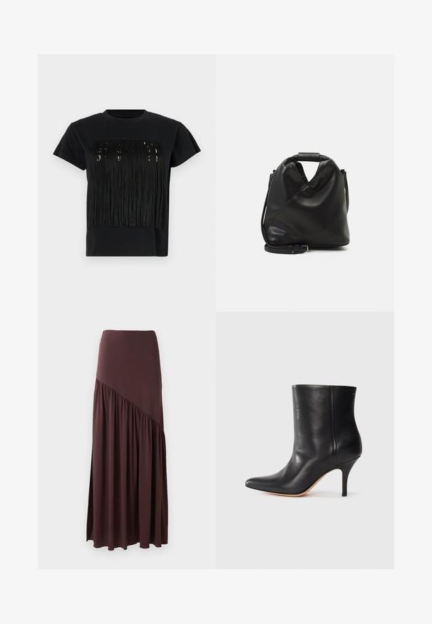 Zwarte t-shirt met korte mouwen voorzien van een franjes ontwerp over de borst. De franjes zijn gemaakt van gestructureerd materiaal, wat diepte toevoegt.; Bruine maxi rok gemaakt van zachte stof. Heeft een comfortabele tailleband en een asymmetrisch ontwerp met geplooide details aan één kant.; Zwarte leren enkelboot met puntige neus, slanke stilettohak en een gladde textuur. Minimalistisch ontwerp zonder zichtbare hardware of accenten.; Zwarte, zachte leren tas met een unieke gedraaide vorm. Voorzien van een korte handgreep en een afneembare schouderriem. Minimalistische stijl.