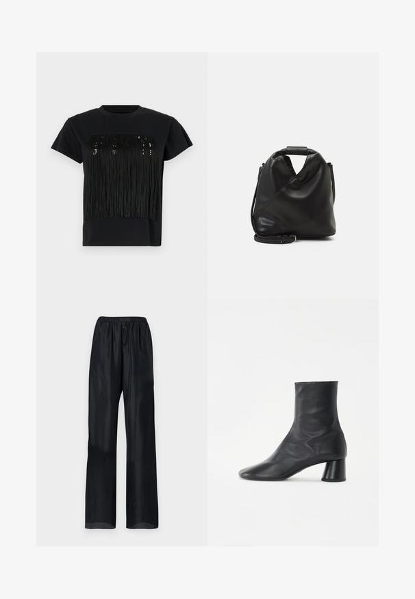 Camiseta negra de manga corta con un diseño de flecos en el pecho. Los flecos están hechos de un material texturizado, añadiendo dimensión.; Pantalones negros, ligeros y de corte relajado, con una cinturilla elástica y dos botones en la parte delantera. Textura suave con un diseño de pierna recta.; Proenza Schouler GLOVE - Botines - black; Bolso de cuero negro y suave con un diseño retorcido único. Presenta un asa corta y una correa de hombro desmontable. Estilo minimalista.