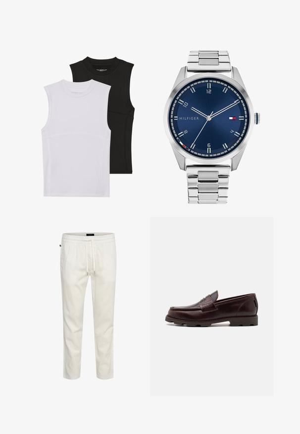 Dvě bezrukávové sportovní topy, jeden bílý a druhý černý, vyrobené z elastického materiálu s kulatými výstrihy a viditelnými švy.; Bílé, lehké bavlněné tepláky s elastickým pasem, stahovací šňůrkou a volným střihem. Hladká textura bez vzorů nebo akcentů.; Hnědé kožené mokasíny s horní částí ve stylu mokasín, s texturovanými švy a robustní podrážkou se směrovými vzory.; Stříbrné kovové hodinky s broušeným modrým ciferníkem, bílými hodinovými indexy a zobrazením data. Mají spojený kovový pásek a logo značky.; Stříbrný řetízek s výraznými články a centrálním kruhovým přívěskem s propracovanými detaily. Hladký, lesklý povrch kovu.