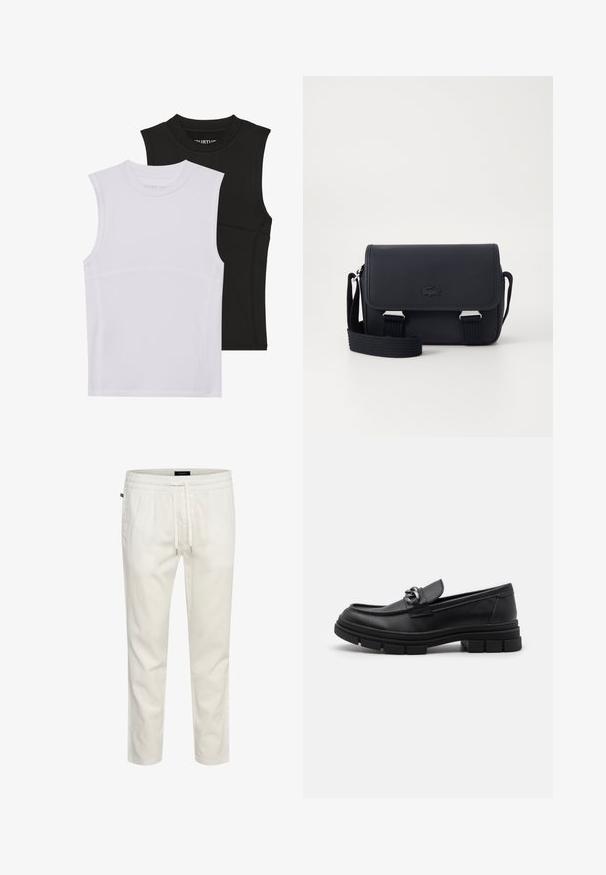 To svedtransporterende træningstoppe uden ærmer, én hvid og én sort, lavet af strækbart materiale med runde halsudskæringer og synlige sømdetaljer.; Hvide, letvægts bomulds-joggers med elastisk talje, snor i taljen og en afslappet pasform. Glat tekstur uden mønstre eller accenter.; Sort læderloafer med rund tå, en dekorativ rem og hardware, samt en chunky tekstureret sål. Glat finish med subtile detaljer.; Lacoste CROSSOVER BAG CLASSIC - Skuldertasker - noir; Sølvmetal ur med en børstet blå urskive, hvide timemarkører og en datovisning. Har et sammenkædet metalarmbånd og brandlogo.; Sølv kædedyse med tykke led og et centralt cirkulært vedhæng med indviklet detaljering. Glat, reflekterende metaloverflade.