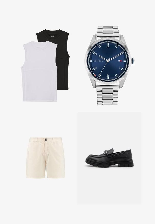 Twee mouwloze sporttops, één wit en één zwart, gemaakt van rekbare stof met ronde halslijnen en zichtbare naaddetails.; Beige katoenen shorts met een knoopsluiting, elastische tailleband en zijzakken. Eenvoudig ontwerp met een rechte snit en zonder zichtbare patronen.; Zwarte leren instapper met een ronde neus, een decoratieve band en hardware, en een chunky, gestructureerde zool. Glad afwerking met subtiele details.; Zilveren metalen horloge met een geborstelde blauwe wijzerplaat, witte uurmarkeringen en een datumweergave. Voorzien van een geschakelde metalen band en het logo van het merk.; Zilveren ketting met dikke schakel en een centraal ronde hanger met ingewikkelde details. Gladde, reflecterende metalen oppervlakte.
