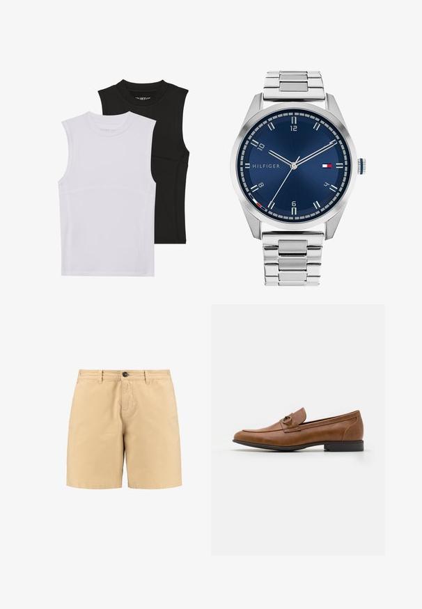 Dva bezrukavnih sportskih topa, jedan bijeli i jedan crni, napravljeni od rastezljivog materijala s okruglim izrezima i vidljivim šavovima.; Bež pamuk kratke hlače s kopčanjem na dugme, prednjim džepovima i petljama za remen. Jednostavan dizajn ravnog kroja i glatke teksture.; Smeđi kožni mokasini s ravnim potplatom, ukrašeni metalnim detaljem sprijeda, s glatkim dizajnom i mekom teksturom.; Srebrni metalni sat s četkanim plavim brojčanikom, bijelim oznakama sati i prikazom datuma. Ima povezan metalni remen i logo marke.; Srebrna lančana ogrlica s debelim karikama i središnjim okruglim privjeskom s složenim detaljima. Glatka, reflektirajuća metalna površina.