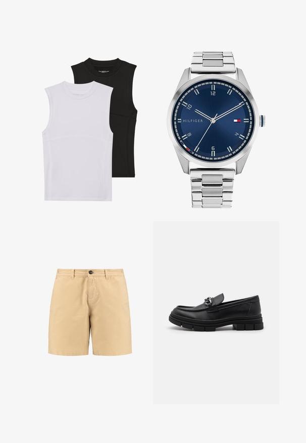Két ujjatlan sportfelső, egy fehér és egy fekete, rugalmas anyagból, kerek nyakkivágással és látható varrásokkal.; Beige pamut rövidnadrág gombos záródással, elülső zsebekkel és övhurkokkal. Egyszerű dizájn, egyenes szabással és sima textúrával.; Fekete bőr mokaszín, lekerekített orral, díszes pánttal és fém kiegészítővel, valamint vastag, texturált talppal. Simább felület, finom részletezéssel.; Ezüst színű fém óra kék, kefélt számlappal, fehér órijjelezőkkel és dátumkijelzővel. Fém, láncolt szíj és márkalogó jellemzi.; Ezüst lánc nyaklánc, vastag gyűrűkkel és középen egy részletes díszítéssel ellátott kör alakú medállal. Simára polírozott, fényes fémfelület.