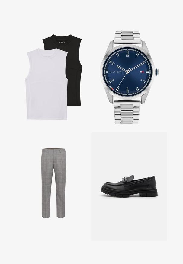 Dva bezrukavnih sportskih topa, jedan bijeli i jedan crni, napravljeni od rastezljivog materijala s okruglim izrezima i vidljivim šavovima.; Sive karirane hlače s ravnim krojem, teksturiranim materijalom, prednjim nabranama i petljama za remen. Moderni kroj s prilagođenim fitom.; Crne kožne mokasine s zaobljenim vrhom, dekorativnom trakom i hardverom, te masivnom teksturiranom potplatom. Glatka površina s suptilnim detaljima.; Srebrni metalni sat s četkanim plavim brojčanikom, bijelim oznakama sati i prikazom datuma. Ima povezan metalni remen i logo marke.; Srebrna lančana ogrlica s debelim karikama i središnjim okruglim privjeskom s složenim detaljima. Glatka, reflektirajuća metalna površina.