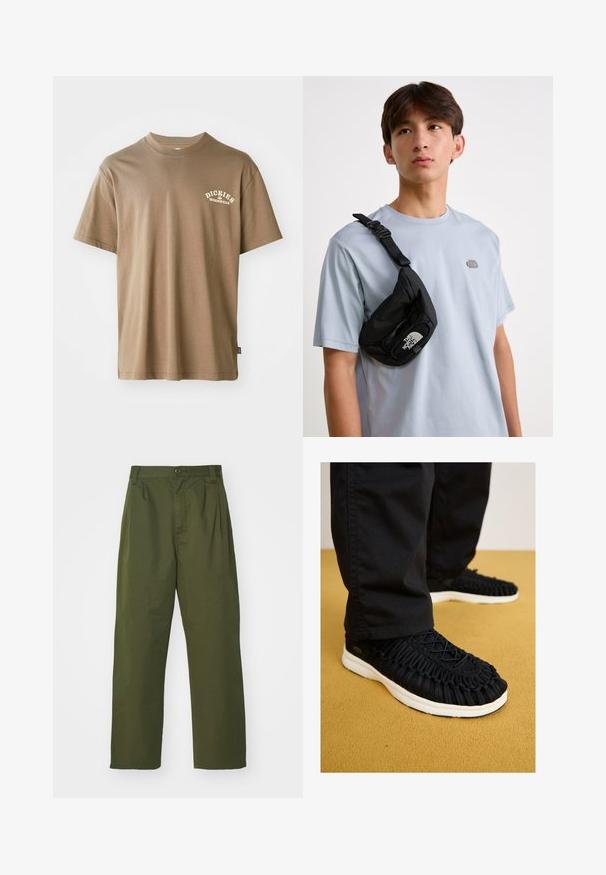 Braunes Baumwoll-T-Shirt mit Rundhalsausschnitt, kurzem Arm und einem weißen Logo mit der Aufschrift "Dickies Workwear" auf der linken Brustseite.; Olivgrüne, hochgeschnittene Hose mit geradem Bein. Hergestellt aus einem leichten Stoff, mit Vorderfalten und einem Knopfverschluss.; Schwarzer Sneaker mit geflochtenem Obermaterial, runder Zehenpartie und weißer Sohle. Schnürsystem oben und detaillierte Textur über den gesamten Schuh.; Schwarze Nylon-Crossbody-Tasche mit verstellbarem Riemen, die ein auffälliges weißes Logo trägt. Wird über einem hellblauen T-Shirt getragen. Schlichtes, funktionales Design.