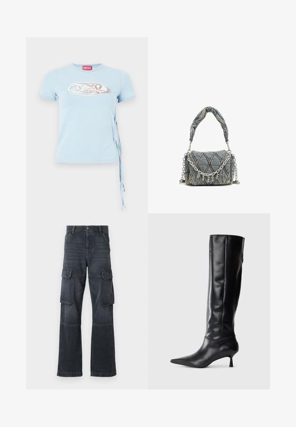 Vaaleansininen lyhythihainen T-paita, jossa on pyöreä pääntie, sivusolmut ja graafinen printti, jossa on teksti "www.diesel.com" hopeisena.; Tummanharmaat cargo-housut, jotka on valmistettu denimmateriaalista. Tässä mallissa on kaksi sivutaskua ja leveät lahkeet. Ommellut yksityiskohdat saumoissa ja reunoissa.; Mustat nahkasaappaat polvipituisina, joissa on terävä kärki ja kapea kaareva korko. Suora pinta, tiukka muotoilu eikä näkyvää hardwarea tai kuvioita.; Denim-laukku, jossa on tikattu kuvio, sininen väri, lyhyt punottu kahva ja hopeaketjuhihna, jossa on metalliset brändin kirjainyksityiskohdat.