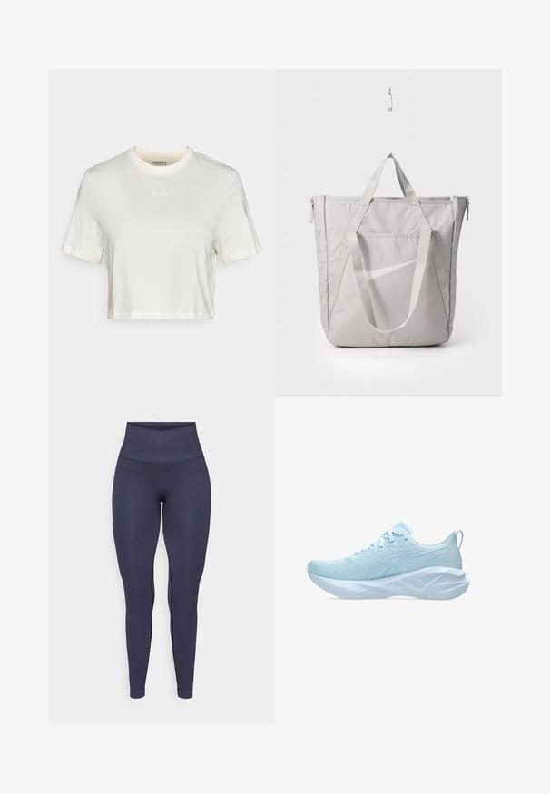 Baltas, trumpas medvilninis marškinėliai su lygia tekstūra, apvalia kaklo iškirpte ir trumpomis rankovėmis. Diskretiškai išsiuvinėtas „BORG“ logotipas.; Tamsiai mėlynos juostos legging'os su aukštu juosmeniu, prigludusios, lygiais paviršiais, su subtiliomis šoninėmis siūlėmis.; Šviesiai mėlyni sportiniai bateliai su tinklo viršumi, plokščiomis raištelėmis ir storesne, tekstūruota padais su geometriniais akcentais stabilumui.; Pilkas maišas su sustiprintomis rankenomis, priekinį užtrauktuką turinčiu kišeniu ir baltu Nike swoosh logotipu. Pagamintas iš tvirto audinio su lygiu paviršiumi.