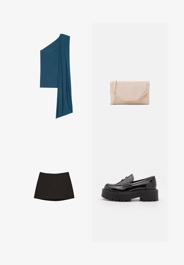 Top asimmetrico di colore teal realizzato in tessuto morbido e leggero. Presenta dettagli drappeggiati su un lato e un orlo dritto sull'altro.; Mini gonna nera con taglio dritto e leggero spacco laterale. Realizzata in tessuto morbido, presenta un orlo pulito e un design minimalista.; Madden Girl CALISTA - Scarpe senza lacci - black; Clutch beige in suede con tracolla in catena dorata e un accento hardware rettangolare. Presenta una patta pieghevole con bordi inclinati e dettagli di cucitura.