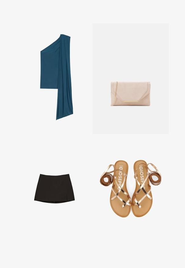 Asymmetrical teal top made from soft, lightweight fabric. Features draped detailing on one side and a straight hem on the other.; Black mini skirt with a straight cut and slight side slit. Made from smooth fabric, featuring a clean hem and minimalist design.; Strappy flat sandals with metallic rose-gold straps, tan footbed, and a minimalist design. Features rolled straps on each side.; Beige suede clutch with a gold chain strap and rectangular hardware accent. Features a fold-over flap with angled edges and stitching detail.