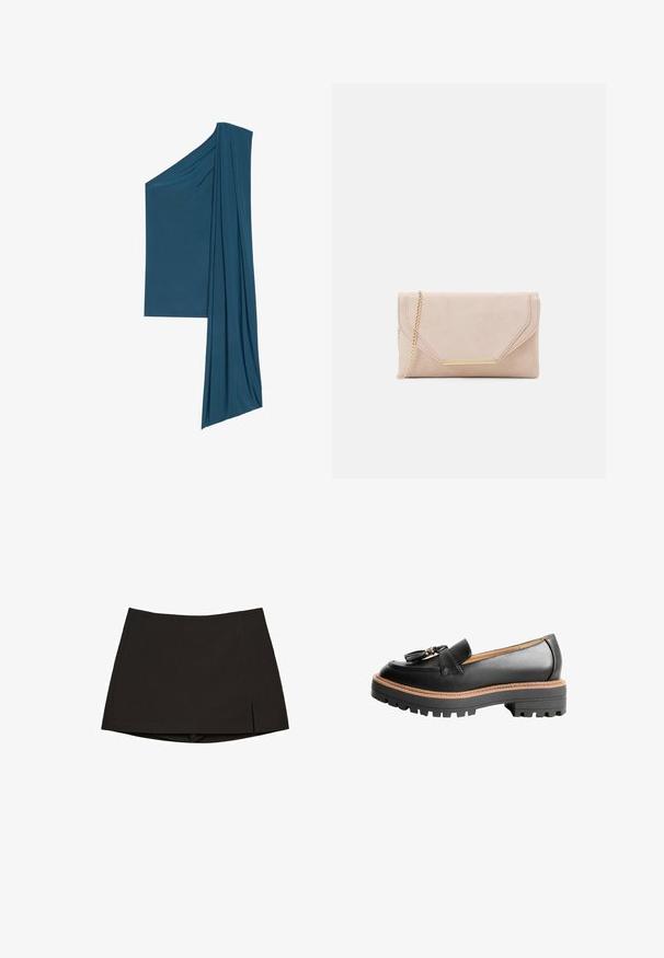 Asymmetrisk teal top lavet af blødt, letvægtsstof. Har draperet detaljer på den ene side og en lige nederkant på den anden.; Sort mininine lavet af glat stof, med et lige design, sideslids og en ren kant. Enkel og alsidig.; Sort læder loafersko med rund tå, dekorativ sløjfedetalje og en kraftig sort gummisål med kontrasterende brun syning.; Beige ruskinds clutch med en guld kæde-rem og rektangulær hardware detalje. Har en fold-over klaff med skrå kanter og syningsdetaljer.