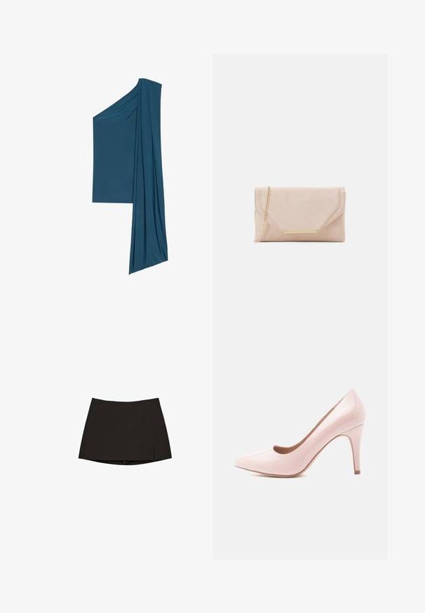 Asimetrična teal majica narejena iz mehkega, lahkotnega materiala. Ima drapirane detajle na eni strani in ravno rob na drugi strani.; Črna mini krila s ravnim krojem in rahlo stransko odprtino. Narejena iz gladkega materiala, ima čist rob in minimalističen dizajn.; Roza patentna usnjena visoka petka s ostrim nosom in elegantno silhueto, ki ima 10-centimetrsko stiletto peto in gladko površino.; Bež mul svinčnik s zlatim verižnim ročajem in pravokotnim okrasnim detajlom. Ima preklopni pokrov z naklonskimi robovi in podrobnostmi šivanja.