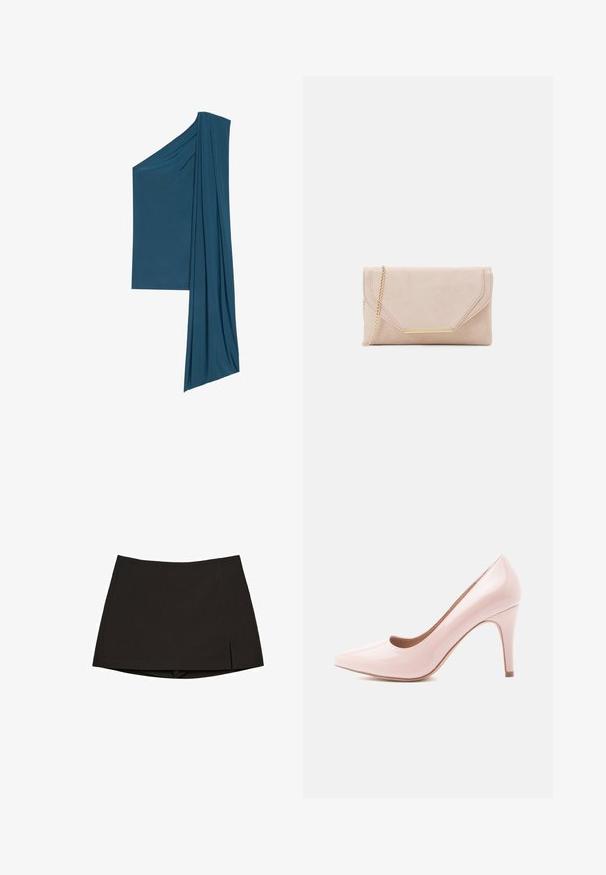 Asymetryczny top w kolorze teal, wykonany z miękkiej, lekkiej tkaniny. Posiada drapowane detale z jednej strony i prosty dół z drugiej.; Czarna mini spódnica wykonana z gładkiego materiału, o prostym kroju z bocznymi rozcięciami i czystym wykończeniem. Prosta i uniwersalna.; Różowe lakierowane szpilki z wydłużonym noskiem i elegancką sylwetką, z 10-centymetrowym obcasem w kształcie stiletto i gładką powierzchnią.; Beżowa skórzana kopertówka z złotym łańcuchem i prostokątnym akcentem z okucia. Posiada klapkę z zagiętymi krawędziami oraz detalem w postaci przeszyć.