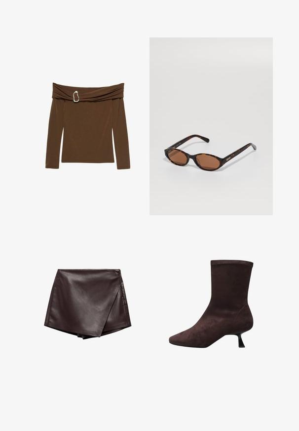Braunes, schulterfreies Oberteil mit langen Ärmeln, das ein gedrehtes Stoffdesign und ein silbernes herzförmiges Element am Ausschnitt aufweist.; Brauner Kunstleder-Wickelrock mit glatter Textur und diagonaler Schnittführung, ausgestattet mit sauberen Kanten und einem seitlichen Reißverschluss zur Schließung.; Braune Wildleder-Ankle-Boots mit spitzem Zehenbereich und einem ausgestellten, niedrigen Absatz. Glatte Textur mit einem enganliegenden Schaft und ohne sichtbare Beschläge oder Akzente.; Schildpatt ovalen Sonnenbrillen mit braunen Gläsern, schräg gehalten, um das "QUAY"-Logo am rechten Gestell auf einem schlichten Hintergrund zu zeigen.; Braune Wildleder-Handtasche in rechteckiger Form, mit zwei langen Griffen und minimaler Naht. Glatte Textur ohne sichtbare Beschläge oder Verzierungen.
