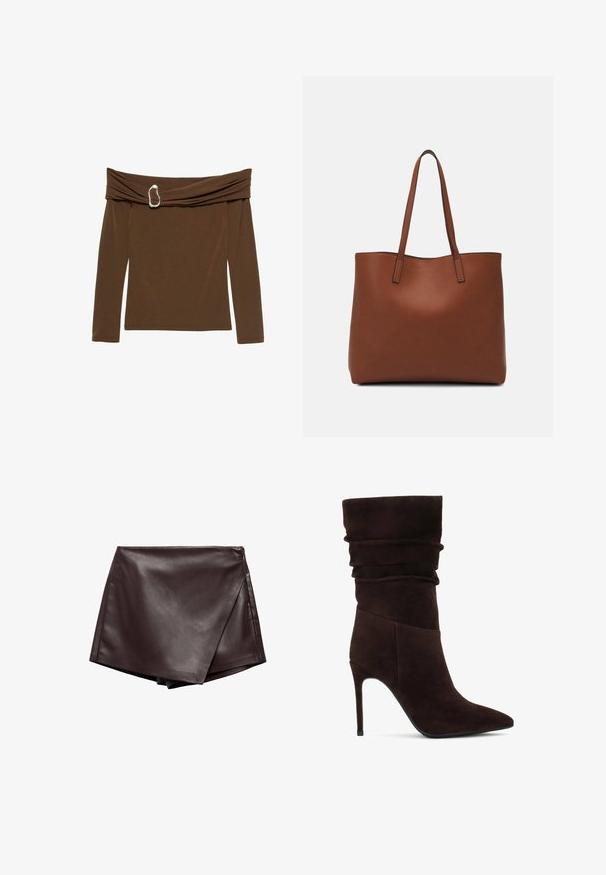 Brun off-shoulder top med lange ærmer, der har et snoet stofdesign og en sølvfarvet hjerteformet accent ved halsen.; Brun faux læder omslagsskjørt med en glat tekstur og skrå snit, der har rene kanter og en sidelukning med lynlås.; Brune ruskinds ankelstøvle med en slouchy overdel, spids tå og høj stilettohæl. Har en struktureret overflade og en glat silhuet.; Brun læder tote taske med en glat overflade, åben topdesign og to skulderremme. Har minimal syning og ingen synlig hardware.