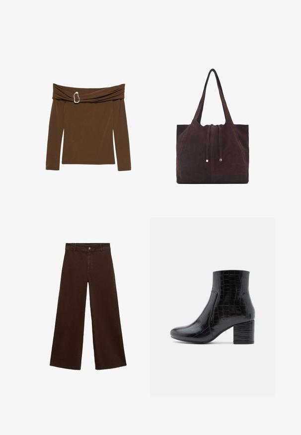 Braunes, schulterfreies Oberteil mit langen Ärmeln, das ein gedrehtes Stoffdesign und ein silbernes herzförmiges Element am Ausschnitt aufweist.; Braune, weit geschnittene Hosen aus Baumwollmischung mit fransigem Saum, vorderem Knopfverschluss und klassischem Fünf-Taschen-Design. Minimalistisch und vielseitig.; Schwarzer Knöchel-Stiefel aus glänzendem, krokodilgeprägtem Leder. Mit abgerundetem Zehenbereich und klobigem Blockabsatz. Glatte Textur und elegantes Design.; Mango Shopping Bag - dark brown