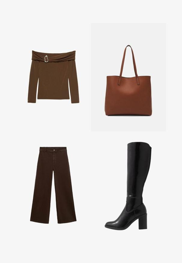 Top maro cu umeri goi, cu mâneci lungi, având un design din material răsucit și un accent în formă de inimă argintie la gât.; Pantaloni largi maro dintr-un amestec de bumbac, cu un tiv desfăcut, închidere cu buton frontal și un design clasic cu cinci buzunare. Minimalist și versatil.; Botine negre, glossy, cu toc, până la genunchi, cu vârf rotund, textură netedă, detaliu cu tăietură pe lateral și toc gros.; Geantă de umăr din piele maro cu o textură netedă, design cu vârf deschis și două curele pentru umăr. Prezintă cusături minime și fără componente metalice vizibile.